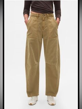 GAP Barrel Cargo High Rise Denim Twill Pants in Taupe Brown Cotton